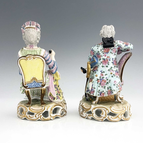 597 - A pair of Meissen type figures, probably late 18th century, model 137, modelled as a seated woman wi... 