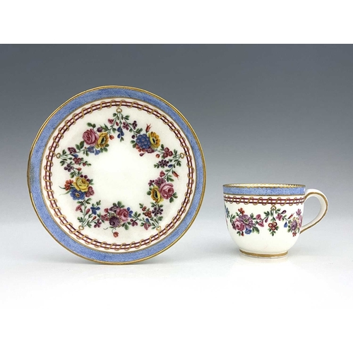 599 - A Sevres porcelain tea cup and saucer, interlace L mark with Q, 1769, gobelet Bouillard form, the cu... 