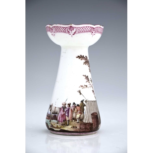 601 - A Vincennes porcelain candlestick, 1745-50, conical hyacinth vase form with ogee rim, the body paint... 