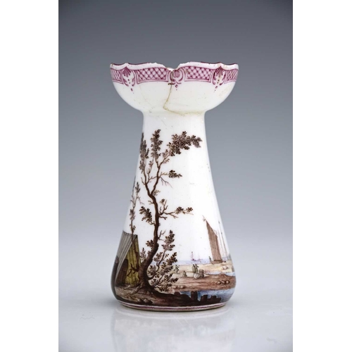 601 - A Vincennes porcelain candlestick, 1745-50, conical hyacinth vase form with ogee rim, the body paint... 