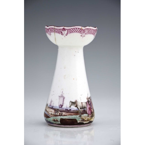 601 - A Vincennes porcelain candlestick, 1745-50, conical hyacinth vase form with ogee rim, the body paint... 