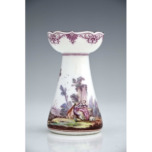 602 - A Vincennes porcelain candlestick, 1745-50, conical hyacinth vase form with ogee rim, the body paint... 