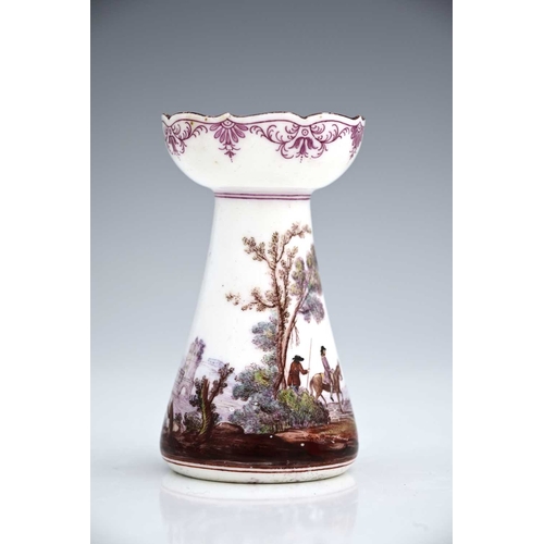 602 - A Vincennes porcelain candlestick, 1745-50, conical hyacinth vase form with ogee rim, the body paint... 