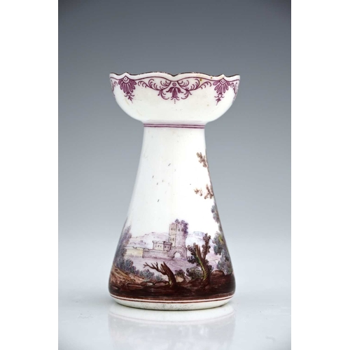 602 - A Vincennes porcelain candlestick, 1745-50, conical hyacinth vase form with ogee rim, the body paint... 