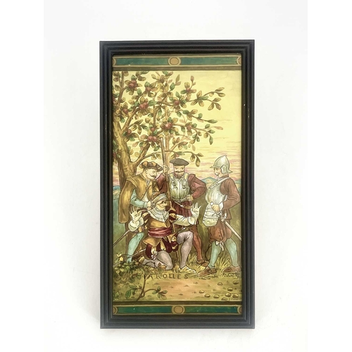 611 - J Gould, a pair of Aesthetic Movement plaques, painted with Shakespearian scenes from Alls Well That... 