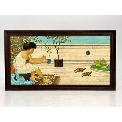 612 - H Arnold for Minton, a PreRaphaelite plaque, painted with an Egyptian girl and two tortoises in a co... 