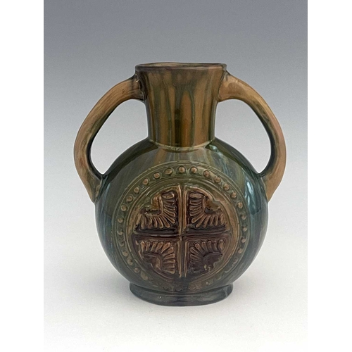 616 - Christopher Dresser for Linthorpe, an Aesthetic Movement art pottery twin handled vase, circa 1885, ... 