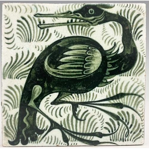 621 - William De Morgan, an Arts and Crafts green Long Clawed Bird tile, circa 1900, painted with a cormor... 