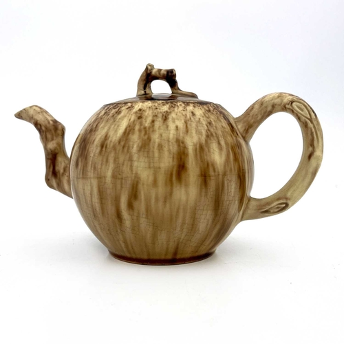 732 - A Whieldon gourd teapot, spherical form with naturalistic knotted branch handle, spout and finial, m... 