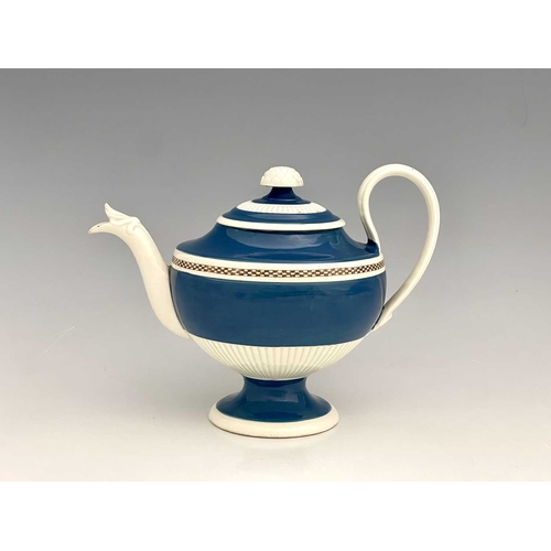 740 - A Leeds pearlware Mocha teapot and cover, circa 1780, pedestal squat urn form, half reeded and mould... 