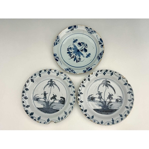 741 - Two Lambeth Delft blue and white plates, circa 1760, each decorated with pairs of rabbits and flower... 