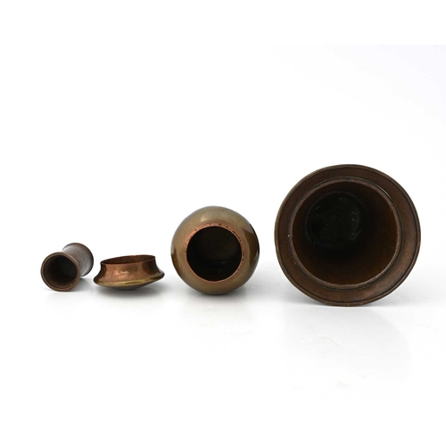 107 - Richard Llewellyn Rathbone, three Arts and Crafts copper vessels, including a tea caddy of inverse b... 