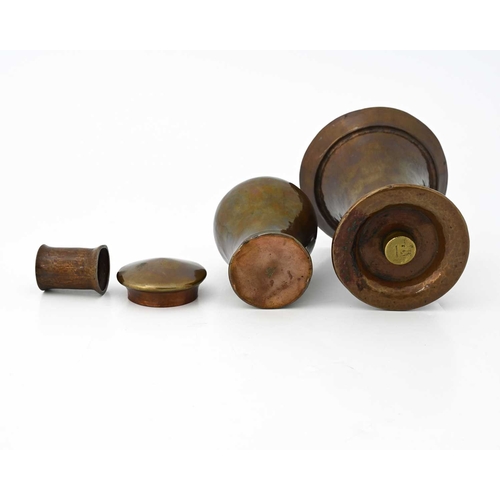 107 - Richard Llewellyn Rathbone, three Arts and Crafts copper vessels, including a tea caddy of inverse b... 