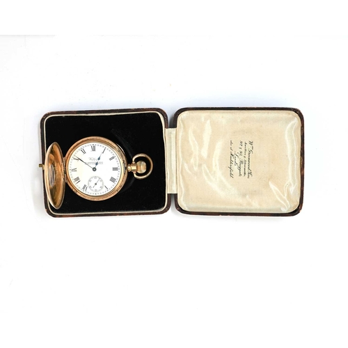 48 - Waltham, a gold plated half-hunter pocket watch, blue enamelled chapter ring of Roman numerals, 5cm ... 