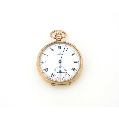 51 - Omega, a 9ct gold pocket watch, circa 1923, open faced, white enamelled dial with subsidiary seconds... 
