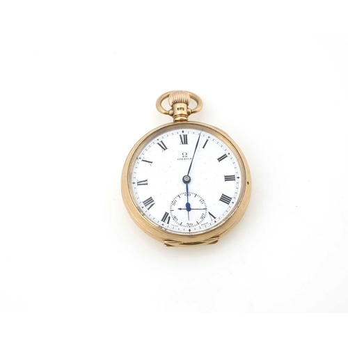 51 - Omega, a 9ct gold pocket watch, circa 1923, open faced, white enamelled dial with subsidiary seconds... 
