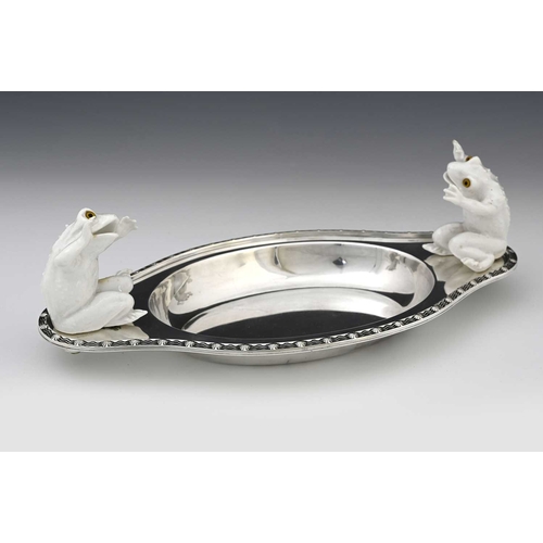 59 - Christopher Dresser for Hukin and Heath, an Aesthetic Movement silver plate and ceramic dish, circa ... 