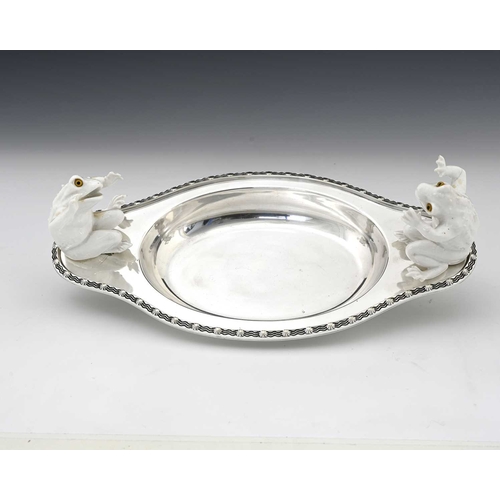 59 - Christopher Dresser for Hukin and Heath, an Aesthetic Movement silver plate and ceramic dish, circa ... 