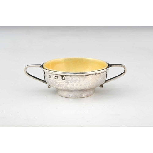 68 - A E Jones and Ruskin Pottery, an Arts and Crafts twin handled silver and ceramic lined salt cellar, ... 