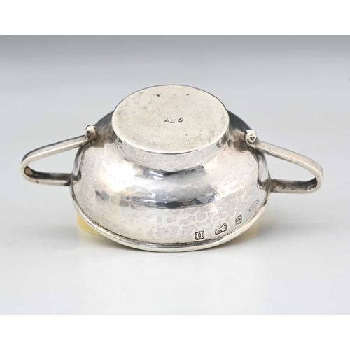 68 - A E Jones and Ruskin Pottery, an Arts and Crafts twin handled silver and ceramic lined salt cellar, ... 