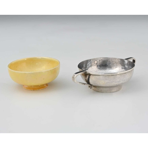68 - A E Jones and Ruskin Pottery, an Arts and Crafts twin handled silver and ceramic lined salt cellar, ... 