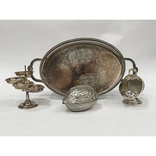 107 - An assortment of silver plated tableware, including a novelty coal bucket and shovel, silver brooch,... 