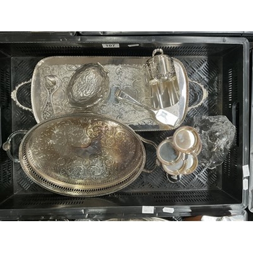 107 - An assortment of silver plated tableware, including a novelty coal bucket and shovel, silver brooch,... 