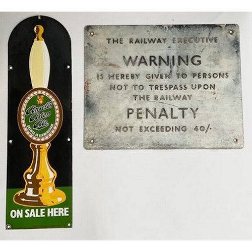 127 - A mid-century metal railway 'Warning' sign, 38cm high by 31cm wide, together with a period 'Ansells ... 