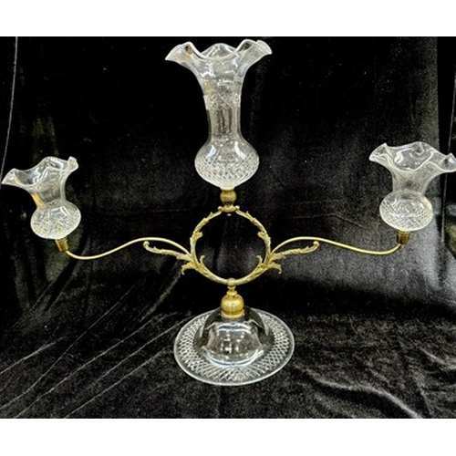 130 - A regency style two-armed gilt metal and cut glass epergne after John Walsh Walsh, 43cm high, togeth... 