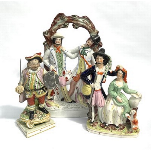 150 - A Pearlware 'Falstaff' figurine together with two 19th century Staffordshire figure groups, glazed, ... 