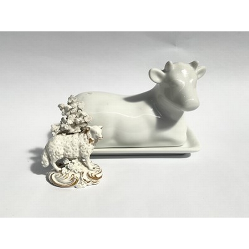 167 - A Derby figure of a Ewe, circa 1770, porcelain, gloss glazed, with a cow shaped butter dish, (2)