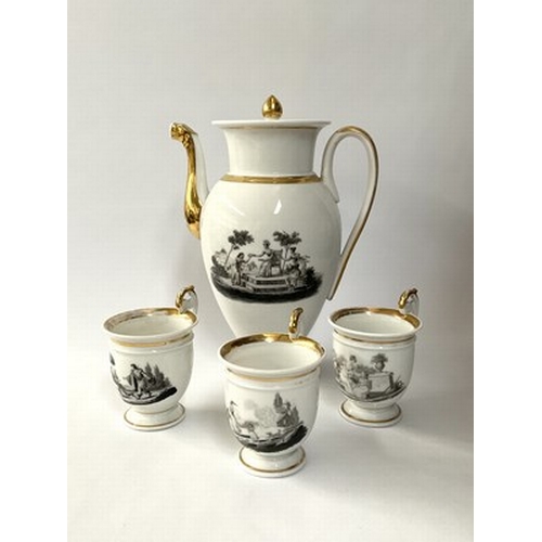 181 - A coffee pot, 26cm high and 19th-century Paris porcelain cups in Empire style, transfer printed scen... 