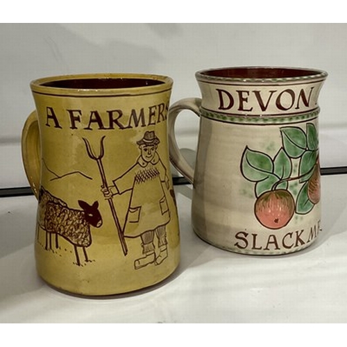 183 - Harry Juniper of Bideford, two studio pottery mugs, incised decoration, 'A Farmer's Mug' and 'Devon ... 