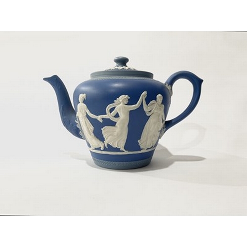 190 - A Dudson Hanley Jasperware teapot, white on light blue ground, featuring the three graces, 15cm high... 