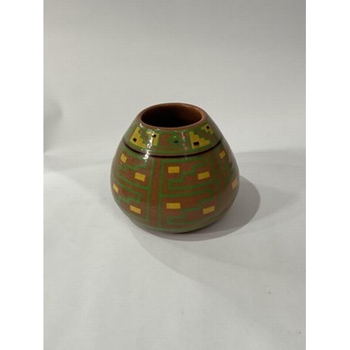 203 - An Aztec revival art pottery vase, terracotta body painted with stepped key and block design in gree... 