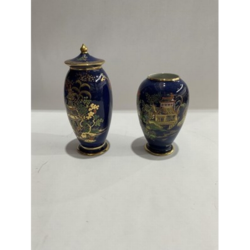 207 - Two 1930s Art Deco period 'Chinese Tea Garden' pattern Carlton Ware jars, cobalt blue ground with gi... 