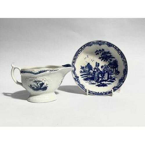 214 - Worcester Sauce boat with fishermen motifs, 1760s, together with Worcester 'Milkmaid' saucer, saucer... 