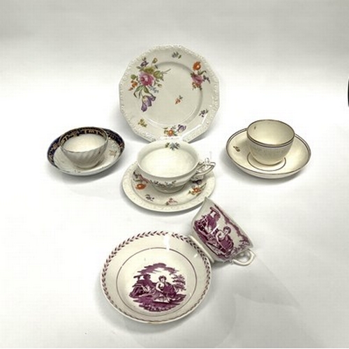 221 - An assortment of porcelain cups and saucers, including Derby gilt sprigged tea bowl and saucer circa... 