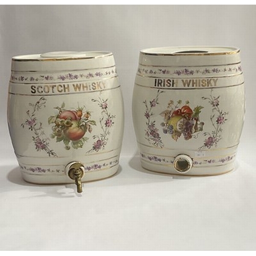 234 - Five large gilt heightened ceramic spirit barrels, Gin, Rum, Whisky etc., Taylor, Tunnicliff & Co. S... 