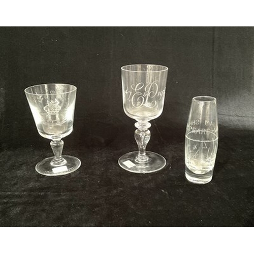 243 - Three commemorative glasses including a William Wilson for Whitefriars silver royal wedding goblet, ... 