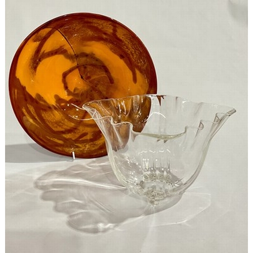 253 - Steuben crystal bowl, signed to base, circa. 1950, 14cm high, together with a Prachen style orange g... 