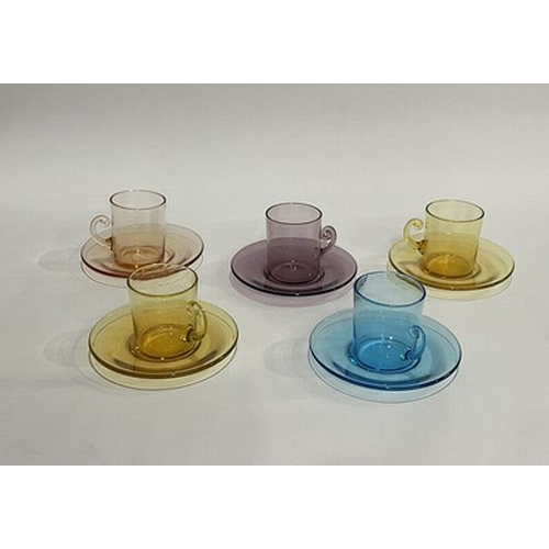 260 - A harlequin set of coloured glass cups and saucers including six cups and eight saucers, mid-century... 