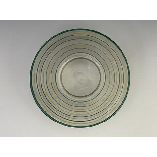 262 - An Art Deco enamelled glass posy bowl, the broad rimmed form with concentric bands in frosted green ... 