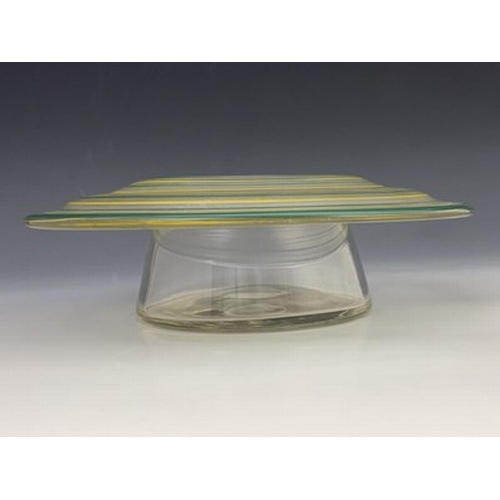 262 - An Art Deco enamelled glass posy bowl, the broad rimmed form with concentric bands in frosted green ... 