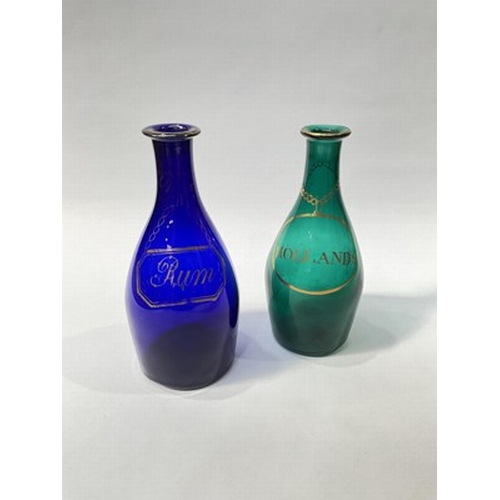 268 - Bristol blue and green glass Indian club decanters with gilt-painted bottle tickets 'Rum' and 'Holla... 