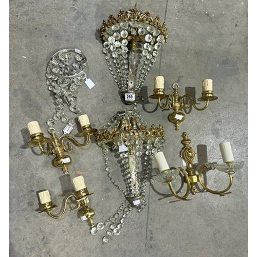 269 - Light fittings: A pair of Empire style crystal sconces with brass neoclassical inspired detailing, a... 