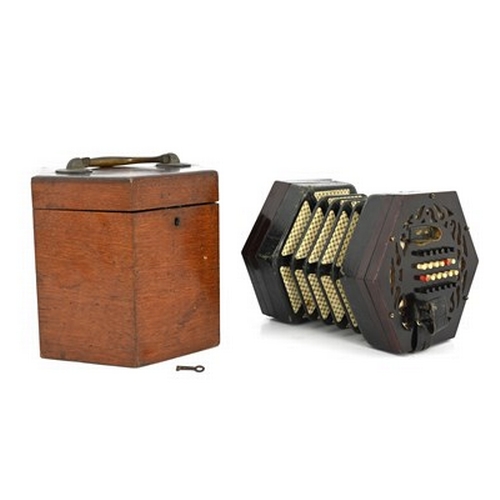 279 - Lachenal & Co, London, a concertina squeeze box, Serial No.43094, fretwork rosewood ends, forty-eigh... 