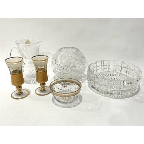 45 - A pair of gold gilt sherry glasses along with an Edinburgh crystal pitcher, a box of six millennium ... 