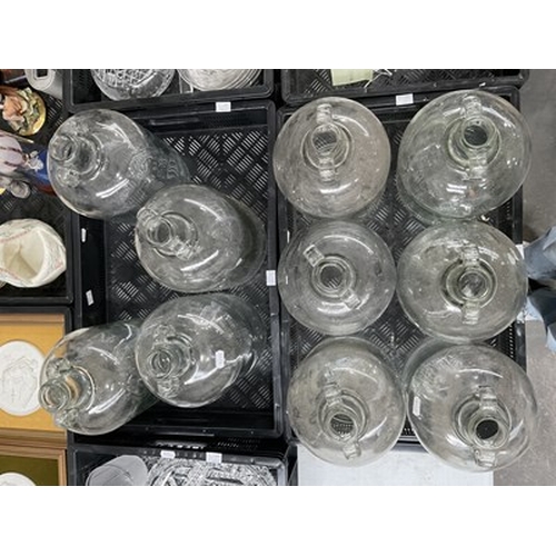 46 - Four trays of glassware including demi-johns, tumblers, highballs acid etched posy bowl, pedestal tr... 