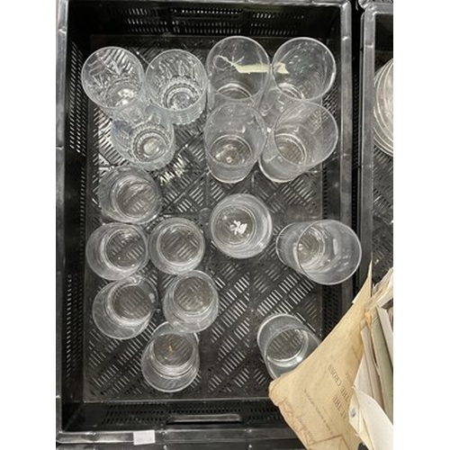 46 - Four trays of glassware including demi-johns, tumblers, highballs acid etched posy bowl, pedestal tr... 